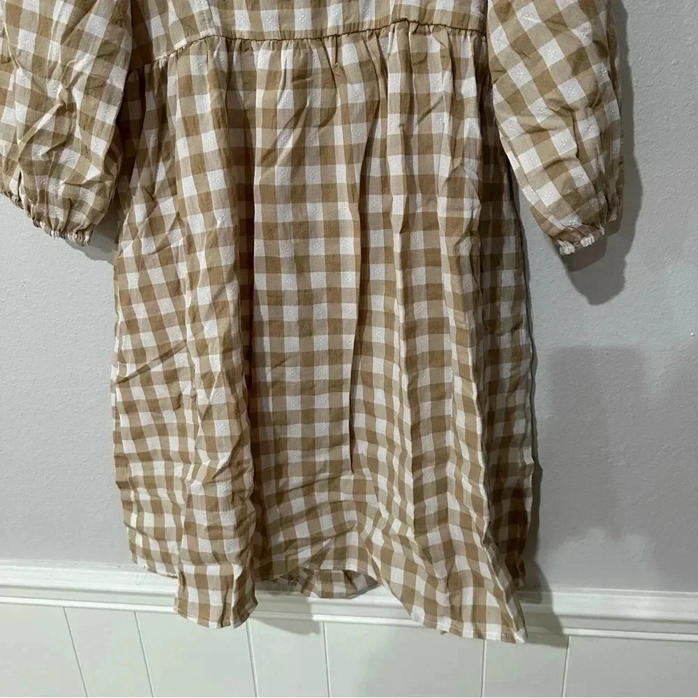 Umgee Gingham Beige & White Fall 3/4 Sleeve Tie Back A-Line Dress Size M NWT - Picture 5 of 13